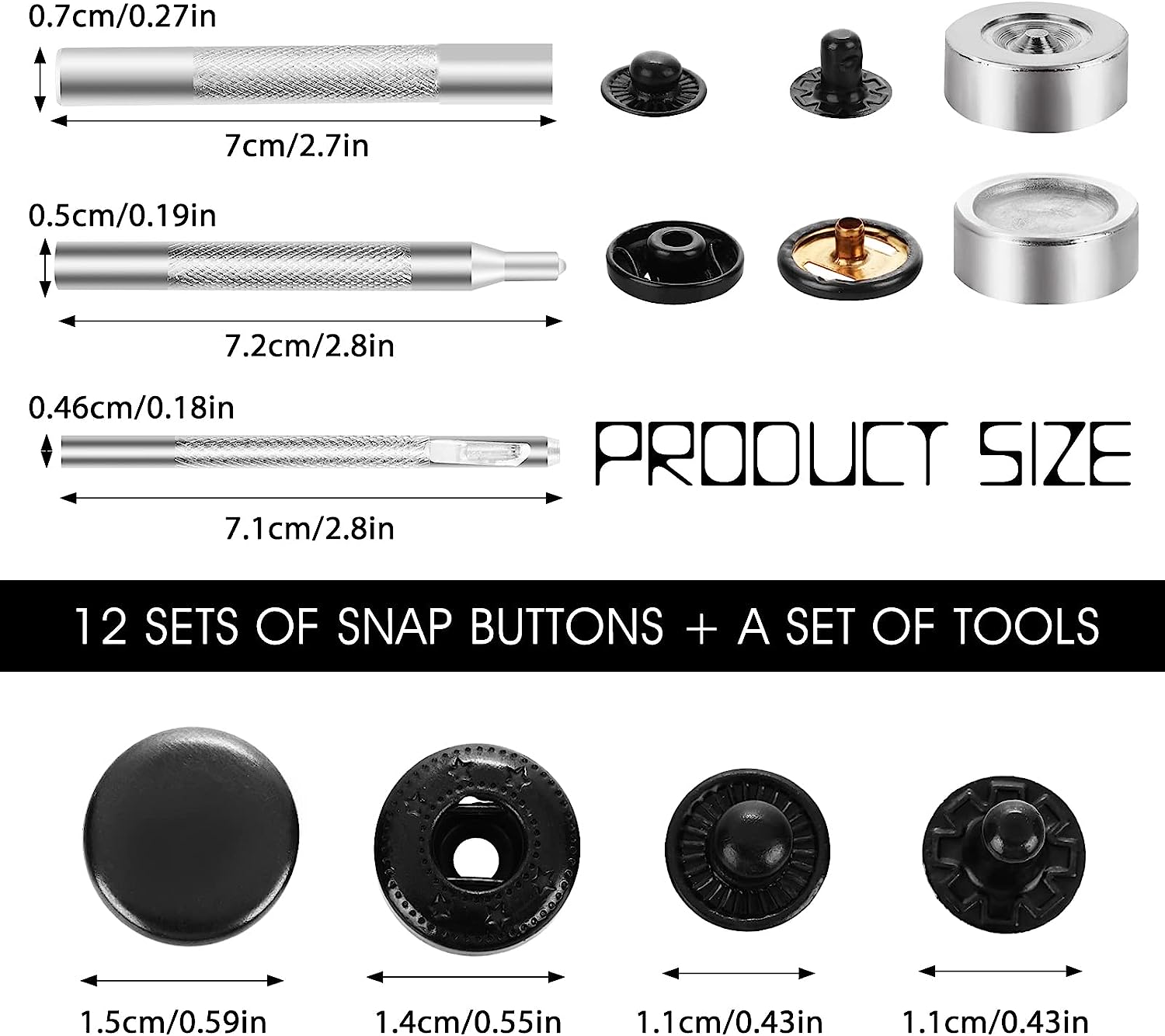 12 Sets Leather Snap Fasteners Kit, Heavy Duty Metal Snap Buttons Kit Press Leather Rivets Studs Rivets with 4 Install Tools for Sewing Clothing, Jeans, Jackets, Bracelets, Bags, Belt, DIY (15mm) - Image 2